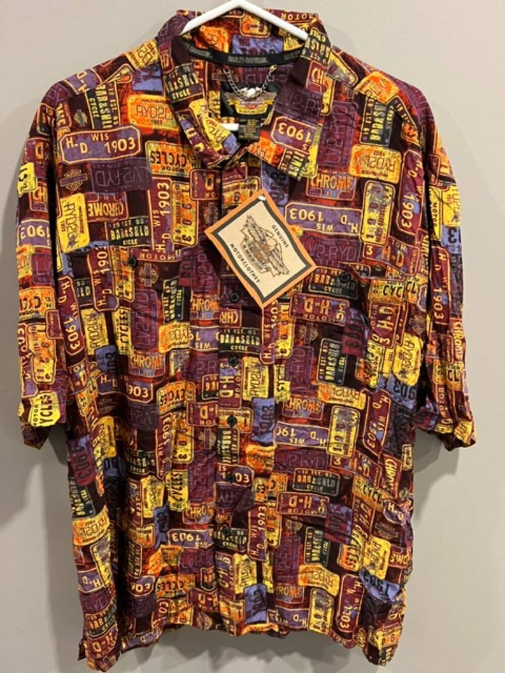 NWT Harley Davidson License Plate All Over Print Rayon Button Up Shirt Size 3XL